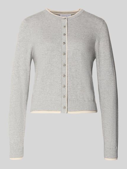 Produktfoto, szary Kardigan rozpinany z mieszanki bawełny i kaszmiru od Jake*s Collection, krój regular fit, prążkowane wykończenia, okrągły dekolt, listwa guzikowa, długość tyłu 49 cm, długość rękawów 59 cm, damska moda