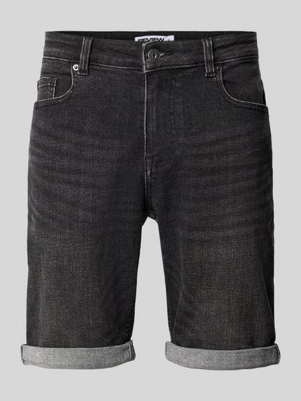 Produktfoto, Slim Fit Jeansshorts mit Umschlag von REVIEW in dunkler Jeans-Optik, Baumwoll-Mix mit Stretch-Anteil, Eingrifftaschen, Bundweite 41 cm, Innenbeinlänge 30 cm, Vorderansicht