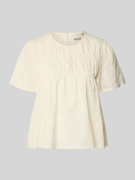 Produktfoto, Blusenshirt mit Stitchings Modell 'LANA' von ICHI aus Baumwoll-Viskose-Mix in Creme, Regular-Fit, Rundhalsausschnitt, leichte Struktur