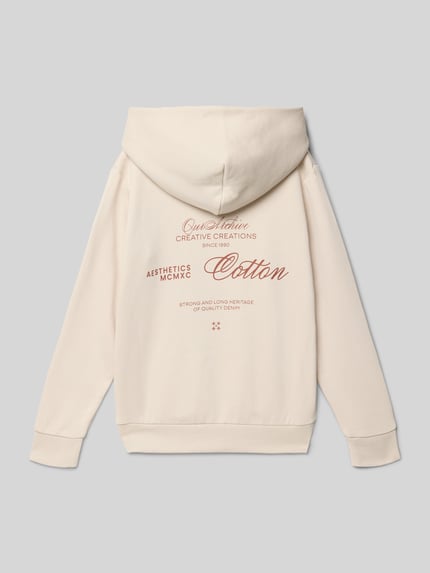 Produktfoto, Bluza z kapturem model 'ROAR' od Jack & Jones, mieszanka bawełny, luźny krój, nadruk z logo, kieszeń kangurka, prążkowane wykończenia, kolor kremowy