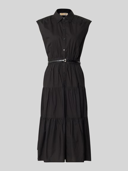 Produktfoto, Hemdblusenkleid mit Gürtel und Knopfleiste von MICHAEL Michael Kors, reine Baumwolle, Schwarz, taillierter Midikleid-Schnitt, Hemdblusenkragen, Kappärmel, Volantsaum, strukturierte Oberfläche, geeignet als Damenmode