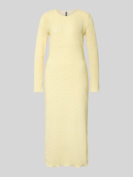 Produktfoto, Tailliertes Freizeitkleid mit Allover-Muster Modell 'FLORA' von Pieces in Gelb mit floralem Muster, Mini-Länge, Langarm, Crinkle-Textur, Rundhalsausschnitt
