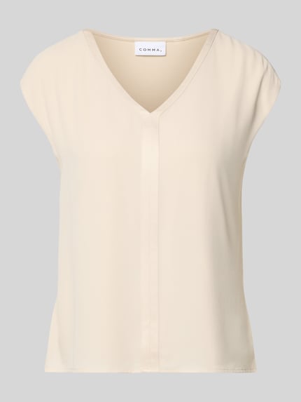 Productfoto, T-shirt met V-hals van comma, dames T-shirt, viscose-elastaan mix, regular fit, ruglengte maat 36: 53 cm, effen beige, gladde stof