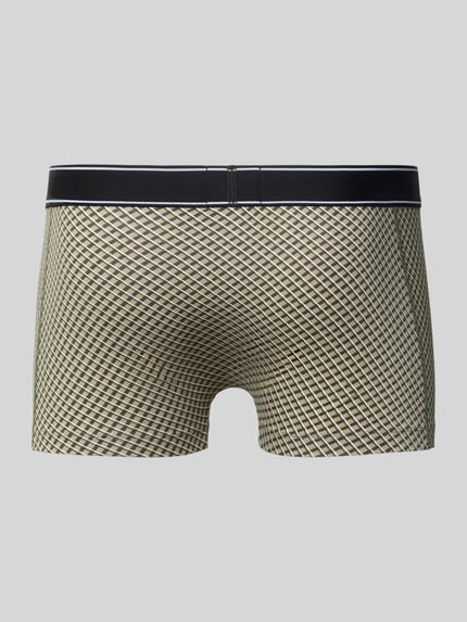 Produktfoto, Trunks aus Baumwoll-Mix von BOSS im Herren Pant & Trunk Kontext, geometrisches Muster in Beige und Schwarz, glatte Textur.