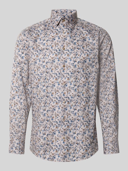 Produktfoto, Modern Fit Businesshemd aus reiner Baumwolle von OLYMP mit floralem Muster in Blau und Braun auf weißem Grund, Herren Businesshemd von OLYMP