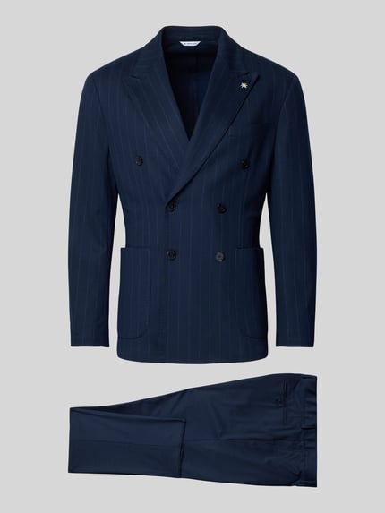 Produktfoto, Slim Fit Anzug mit zweireihigem Sakko und Hose mit Bügelfalten von Manuel Ritz in Dunkelblau, Viskose-Mix mit Stretch-Anteil, feine Streifen, Knopfverschluss, Reverskragen, Eingrifftaschen, Bundweite 44 cm, Rückenlänge 76 cm, Schulterbreite 47 cm, Ärmellänge 65 cm, Innenbeinlänge 87 cm