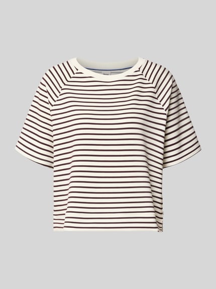 Produktfoto, gestreiftes Boxy Fit Sweatshirt aus Viskose-Mix Modell 'Bailee.S' von Brax, Damen Sweatshirt, cremeweiß mit braunen Streifen