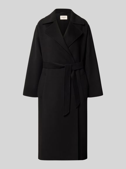 Produktfoto, schwarzer Regular Fit Mantel aus Schurwoll-Mix Modell 'OPEROSO' von Weekend Max Mara mit glatter Textur vor grauem Hintergrund.