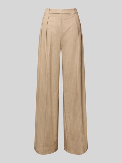 Productfoto, wijdte dames wide leg broek van HUGO, model 'HENESA', katoenmix met linnen, krijtstreepmotief, bandplooien, steekzakken.