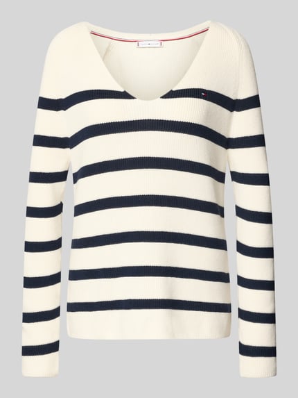 Productfoto, Regular Fit Strickpullover aus reiner Baumwolle van Tommy Hilfiger, gestreept patroon, V-hals, lange raglanmouwen, ribgebreid, logo.