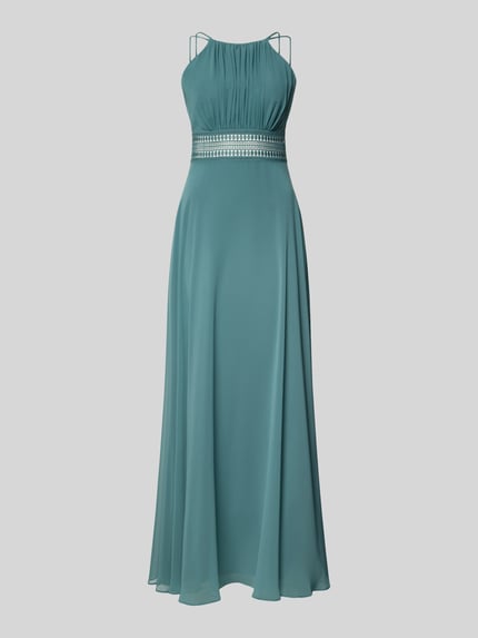 Produktfoto, Abendkleid mit Raffungen von Jake*s Cocktail in Grün, taillierter Schnitt, Spaghettiträger, blickdichtes Unterkleid, Nahtreißverschluss, Rückenlänge 30 cm bei Größe 36, Brustweite 36 cm bei Größe 36, fließender Stoff, elegantes Design.