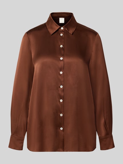 Produktfoto, Satinbluse mit Seiden-Anteil Modell 'ALFIO' von Marella in Braun, lockere Passform, Knopfleiste, Acetat-Mix, langärmlig