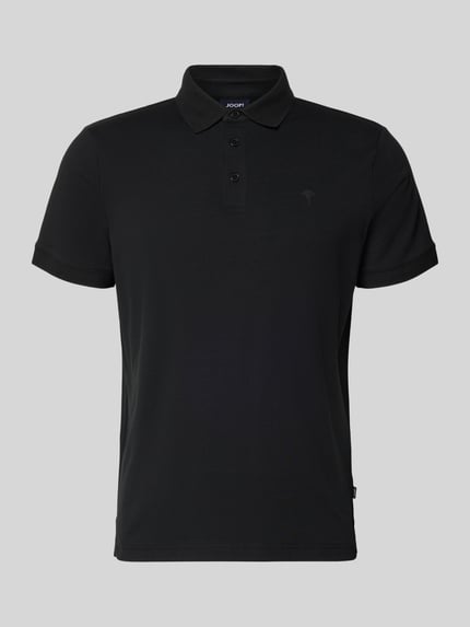 Produktfoto, Regular Fit Poloshirt mit Knopfleiste Modell 'Carlosjuan' von JOOP! Collection, bawełniany miks z domieszką stretchu, krój regular fit, kolor czarny, polokratka, krótka listwa guzikowa, długość tyłu w rozmiarze M: 69 cm, gładka tekstura