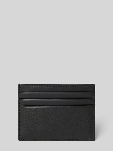 Produktfoto, Kartenetui aus echtem Rindsleder von Tommy Hilfiger in Schwarz, unifarben, Nappaleder mit Kontrastnähten und Label Print