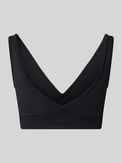 Produktfoto, Stanik 'Bustier mit Stretch-Anteil' von aim'n, elastyczna mieszanka materiałów, krój dopasowany, szeroki pas z efektem prążkowania, detal z logo, głęboki dekolt w serek, kolor czarny, gładka powierzchnia