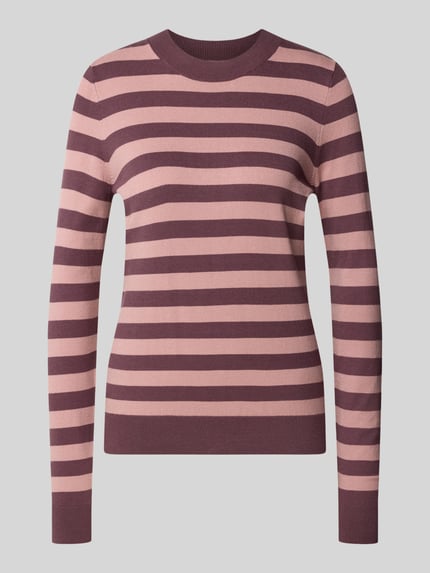 Produktfoto, Strickpullover mit Rundhalsausschnitt von Christian Berg Woman, Viskose-Mix, taillierter Schnitt, gestreift in Rosa und Bordeaux, gerippte Abschlüsse