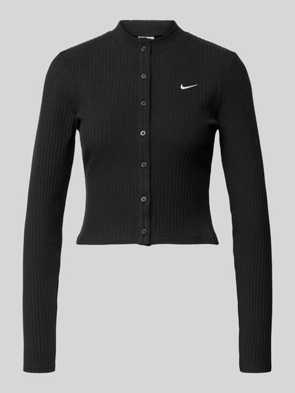 Produktfoto, Cardigan in Ripp-Optik Modell 'CHILL' von Nike, Schwarz mit Label-Stitching, Skinny Fit, Stehkragen, Langärmelig, Durchgehende Knopfleiste