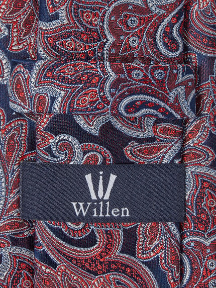 Produktfoto, Krawatte aus Seide im Allover-Look (7 cm) von Willen, klassisch, reiche Farbstruktur in Rot und Blau, Label-Detail sichtbar