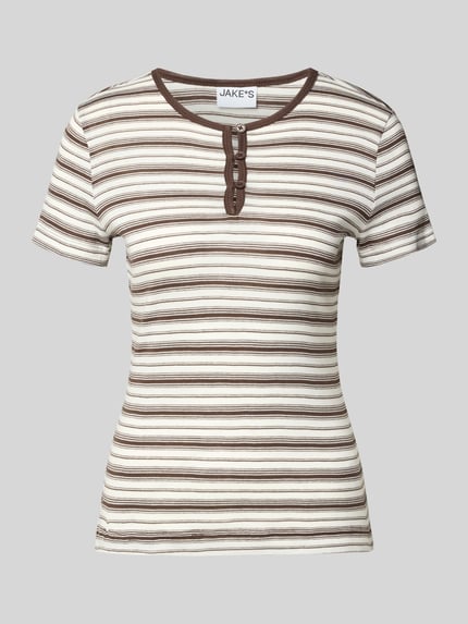 Produktfoto, T-Shirt mit kurzer Knopfleiste von Jake*s Casual aus Reine Baumwolle, Gerader-Schnitt, Rundhalsausschnitt, Rückenlänge 56 cm bei Größe S, braun-weiß gestreift