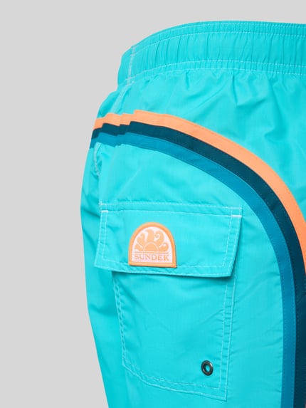 Productfoto, blauwe Badehose met elastische tailleband, contrasterende strepen en achterzak, UNI SHORTS NEON van Sundek, regular fit