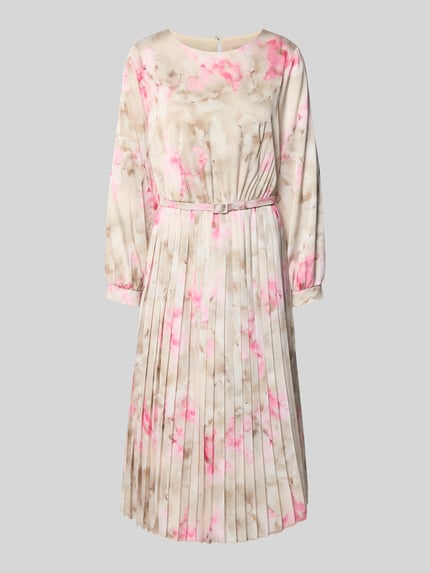 Produktfoto, Cocktailkleid mit Gürtel und Rundhalsausschnitt van Rinascimento in materiaalmix met stretch, getailleerd model, midi-jurk, plissévouwen, crèmekleurig met roze en beige tinten, druppelvormige hals aan de achterkant, damesmode ruglengte maat S 113 cm, borstwijdte 42 cm, mouwlengte 60 cm