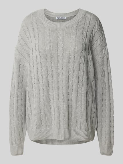 REVIEW Sweter z dzianiny ze ściegiem warkoczowym i okrągłym dekoltem Jasnoszary melanż 2