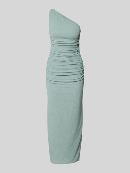 Productfoto, Midikleid met zijsplit van TROYDEN COLLECTION in lichtgroen, nauw aansluitend model, gedrapeerd, one-shoulder look, glitterstructuur