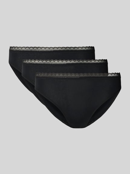 Productfoto, Slips im 3er-Pack mit Spitzenbund Modell 'Rio' van Schiesser, dames slip van katoenmix met stretch, nauwsluitend model, elastische kanten boord, set van 3, effen zwart, gladde textuur