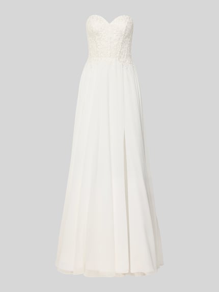 Produktfoto, Regular Fit Brautkleid mit floralem Spitzenbesatz von Luxuar in Weiß, semitransparentes Design mit Nahtreißverschluss und blickdichtem Unterrock