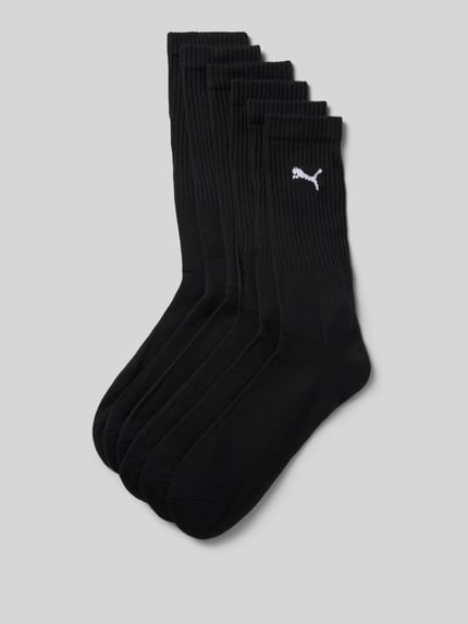 Produktfoto, Socken aus Baumwoll-Mix im 6er-Pack von PUMA für Herren, schwarze Farbe, feine Struktur, vor grauem Hintergrund