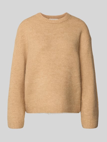 Produktfoto, Strickpullover mit Woll-Anteil von Gina Tricot in Beige, Material-Mix, lockerer Schnitt, gerippte Abschlüsse, Rundhalsausschnitt.