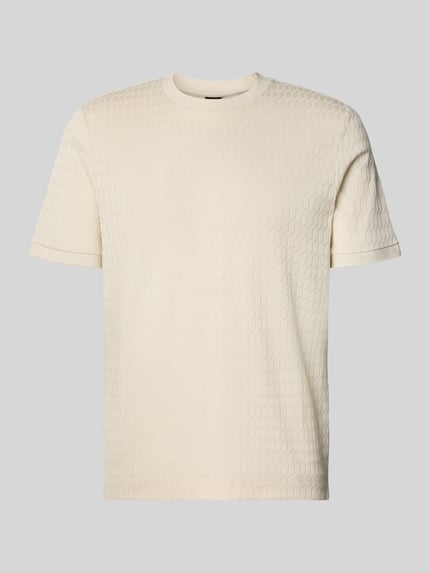 Produktfoto, Regular Fit T-Shirt aus reiner Baumwolle Modell 'THOMSON' von BOSS in Creme, feines Strukturmuster, Rundhals, kurzarm, Webstruktur.