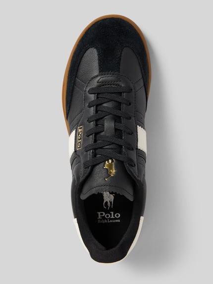 Produktfoto, Sneaker aus Leder mit Schnürung von Polo Ralph Lauren, Schwarz mit weißen Label-Details, Gummisohle, abgerundete Spitze, Damen, Absatzhöhe 4 cm, Schafthöhe 6 cm, Schaftweite 6 cm
