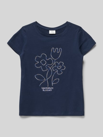 Productfoto, Regular Fit T-Shirt uit pure katoen van s.Oliver RED LABEL in donkerblauw, effen, met bloemenmotief en ronde hals, korte mouw, jerseystructuur, motief-stitching