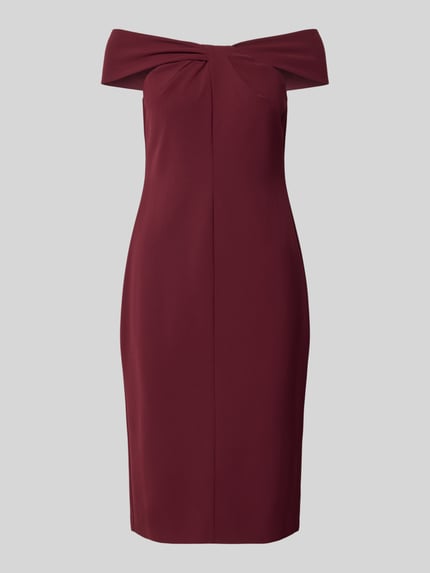 Produktfoto, knielanges Cocktailkleid mit Knoten-Detail Modell 'TAKOTA' von Lauren Ralph Lauren in Bordeaux, taillierte Passform, Stretch-Anteil, Carmen-Ausschnitt, Reißverschluss auf der Rückseite, Material-Mix