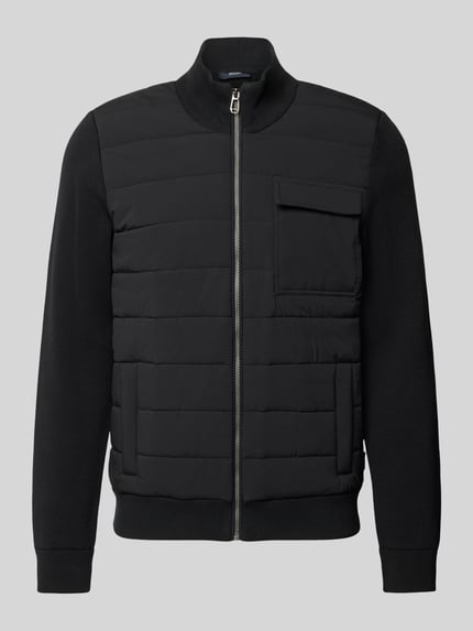 Produktfoto, Strickjacke mit gestepptem Frontpanel Modell 'JK-28Lysendor' von JOOP! COLLECTION in Schwarz, Strukturmuster, matt, Longline, Regular Fit, Baseball-Kragen, Reißverschluss, Brusttasche und seitliche Eingrifftaschen, gerippte Abschlüsse, Materialmix aus Strick und Steppeinsatz