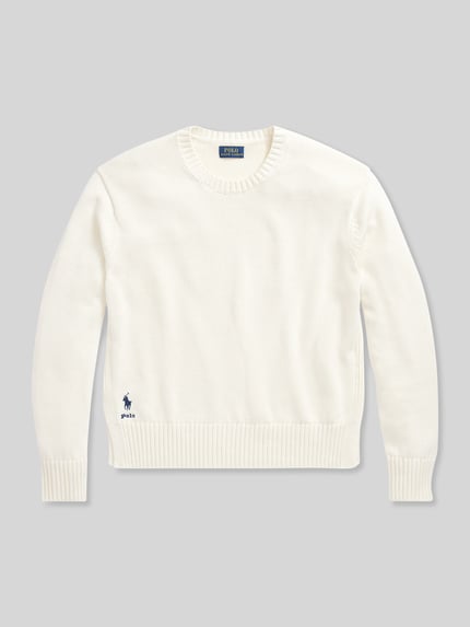 Produktfoto, Regular Fit Strickpullover aus reiner Baumwolle von Polo Ralph Lauren, kremowy, gładki, dzianina, logo, krój regular fit, okrągły dekolt, długie rękawy, wykończenia prążkowane, rozcięcia boczne