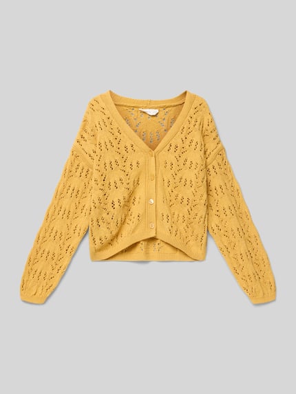 Produktfoto, gelber Regular Fit Cardigan mit Viskose-Anteil Modell 'Isla' von Mango, Lochmuster, V-Ausschnitt, Knopfleiste, Material-Mix