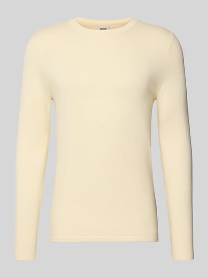 Produktfoto, cremefarbener Strickpullover mit gerippten Abschlüssen Modell 'Irmino' von Drykorn, reine Baumwolle, Regular Fit, Rundhalsausschnitt