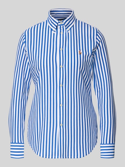 Produktfoto, Hemdbluse mit Knopfleiste von Polo Ralph Lauren für Damen in Blau und Weiß, Reine Baumwolle, Regular-Fit, Button-Down-Kragen, Label-Stitching, Rückenlänge 67 cm, Ärmellänge 62 cm, vertikale Streifen, glatte Textur