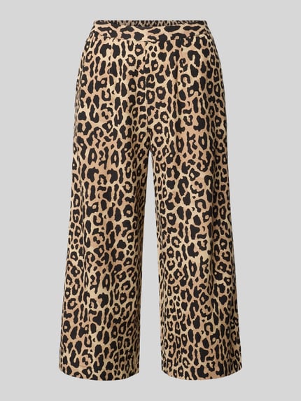 Produktfoto, Stoffen broek van viscosemix in all-over look model 'PRISILLA' van Vila, mix van viscose en linnen, wide leg, elastische band, bandwijdte maat 36: 35 cm, binnenbeenlengte maat 36: 56 cm, beige en zwarte dierenprint, gladde textuur