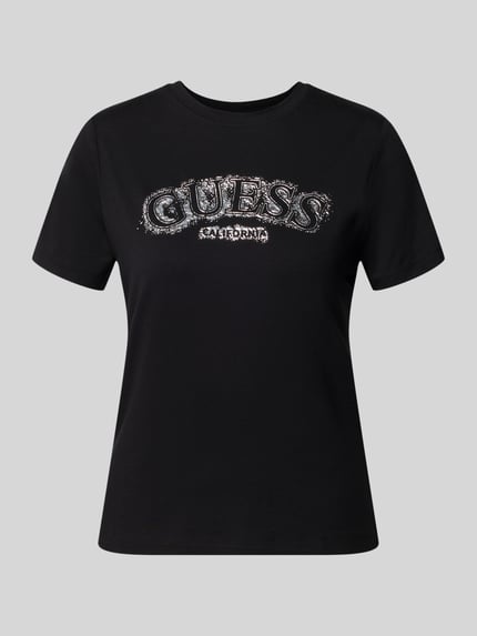 Produktfoto, schwarzes T-Shirt aus Viskose-Elasthan-Mix mit silberfarbenem Guess Activewear Logo, Regular Fit, Rundhalsausschnitt, Damen