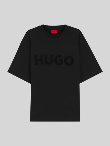 Produktfoto, Oversized T-Shirt aus reiner Baumwolle Modell 'DINKEE' von HUGO, czarny, jednolity, krój oversized, nadruk z logo, okrągły dekolt, krótki rękaw