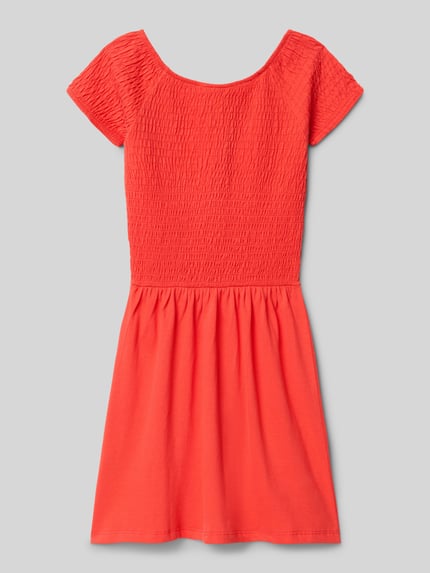 Productfoto, Tailliertes Freizeitkleid aus reiner Baumwolle van s.Oliver RED LABEL, uni rood, midi-lengte, Carmen-hals, korte mouw, uitlopend model, geweven katoen.