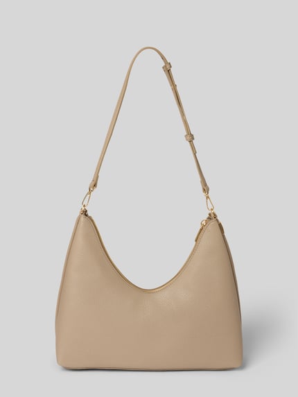 Produktfoto, Handtasche mit Label-Detail von CK Calvin Klein in Beige, grobe Struktur, goldene Details, verstellbarer Schulterriemen, Hauptfach mit Reißverschluss, Innenfach mit Reißverschluss, Größe 24 x 27 x 11 cm, Schulterriemen 68 cm.