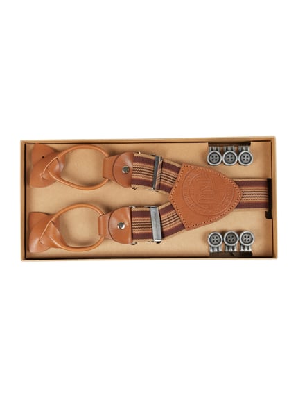 Produktfoto, Hosenträger in Geschenkbox von Lloyd Men's Belts, braune Y-Form, Lederrückenteil, 3-teilig, Knopf-Clips, strukturierte Oberfläche