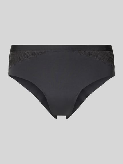 Produktfoto, zwarte dames slip met kant Model 'Poetry Temp' van Mey, materiaalmix met stretch, nauwsluitende pasvorm, elastische band.