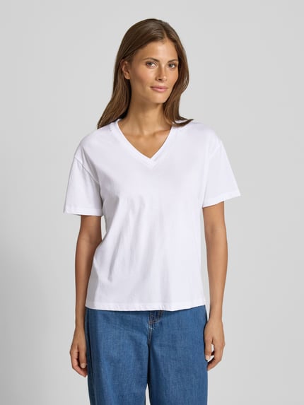 Samsøe Samsøe T-shirt z prążkowanym dekoltem w serek model ‘SAELI’ Biały 4