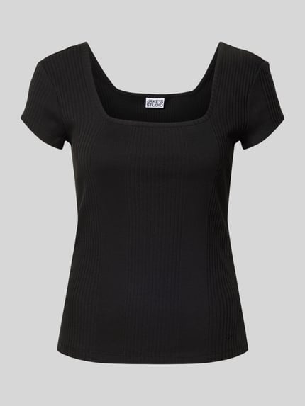 Productfoto, zwart T-Shirt in ripp-look met carré-halslijn van katoen-elastaan mix, slim fit, model 'T-Shirt in Ripp-Optik mit Karree-Ausschnitt' van JAKE*S STUDIO WOMAN, ruglengte 44 cm bij maat S.