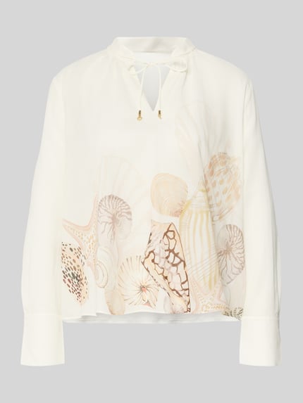 Produktfoto, Relaxed Fit Bluse mit Schnürung von Marc Cain, bluzka z bawełny, krój relaxed fit, wzór na całej powierzchni, wiązanie, długość tyłu w rozmiarze 36: 59 cm, długość rękawów w rozmiarze 36: 60 cm